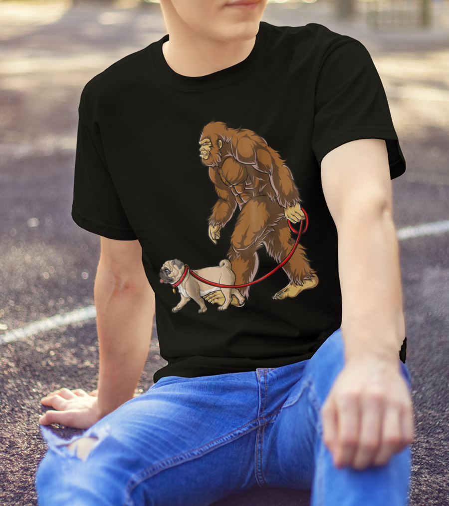 Bigfoot Walking Pug Sasquatch Dog Leash Scene T-Shirt