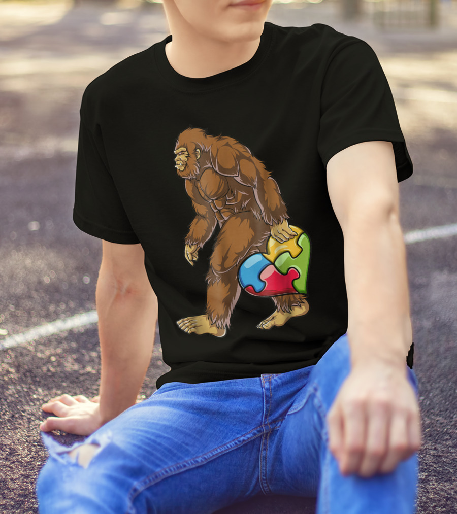 Bigfoot Carrying Heart Puzzle Piece Autism Awareness T-Shirt