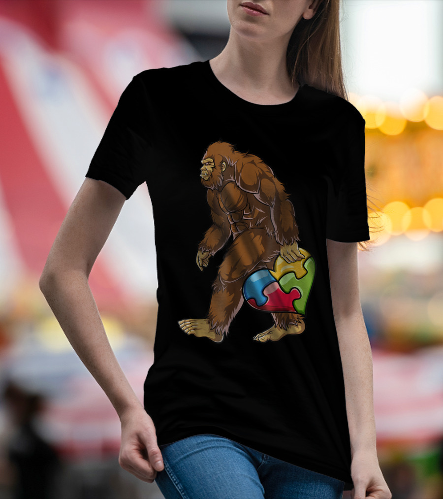 Bigfoot Carrying Heart Puzzle Piece Autism Awareness T-Shirt