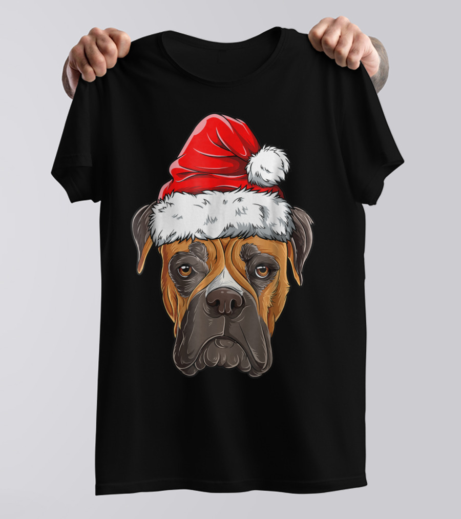 Boxer Dog Wearing Santa Hat Holiday Fun T-Shirt
