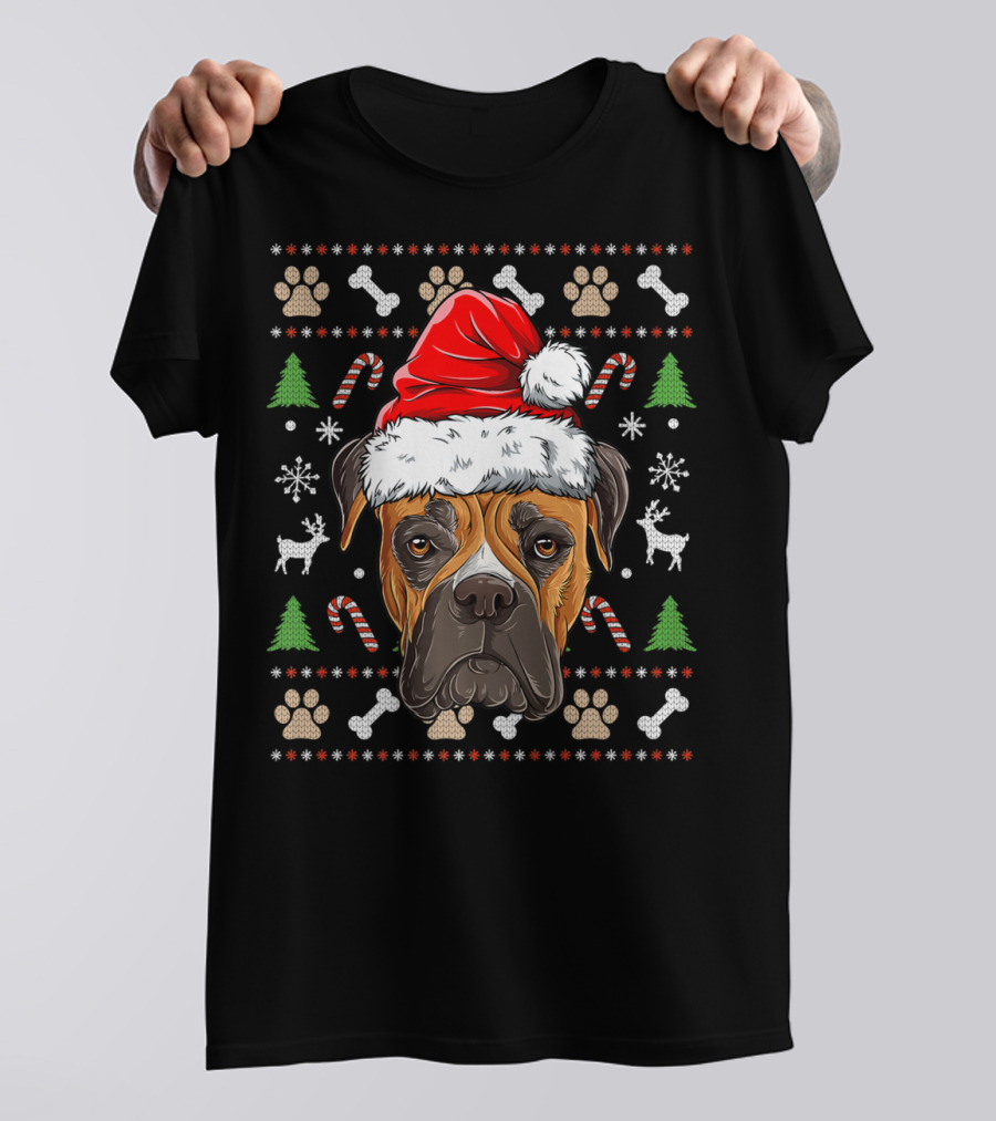 Boxer Ugly Christmas Sweater Santa Hat Xmas Dog Boys Candy Cane Snowflakes T-Shirt