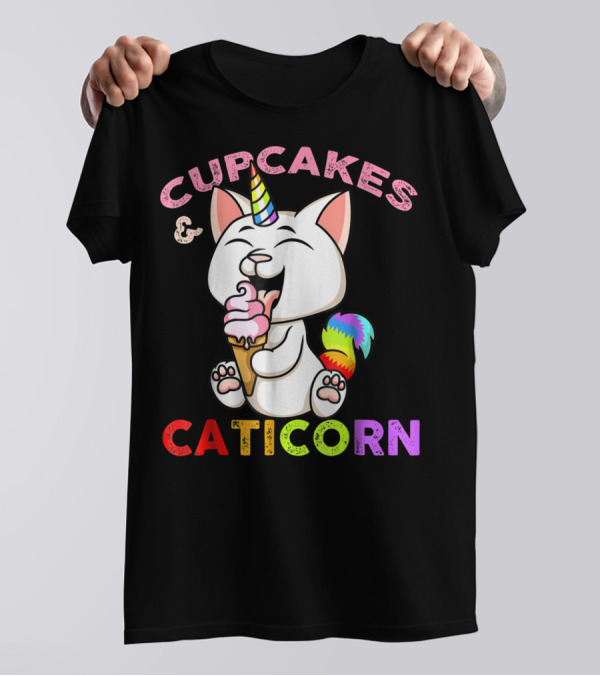 Cupcakes And Caticorn Rainbow Tail Unicorn Cat Eating Ice Cream Cone T-Shirt