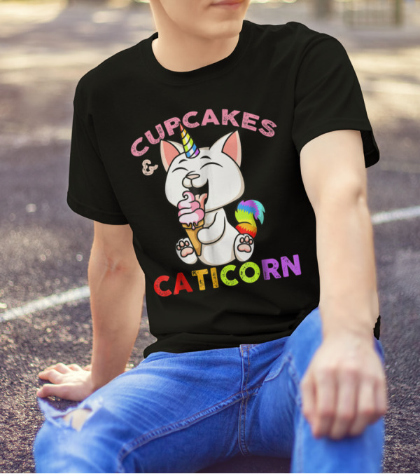 Cupcakes And Caticorn Rainbow Tail Unicorn Cat Eating Ice Cream Cone T-Shirt