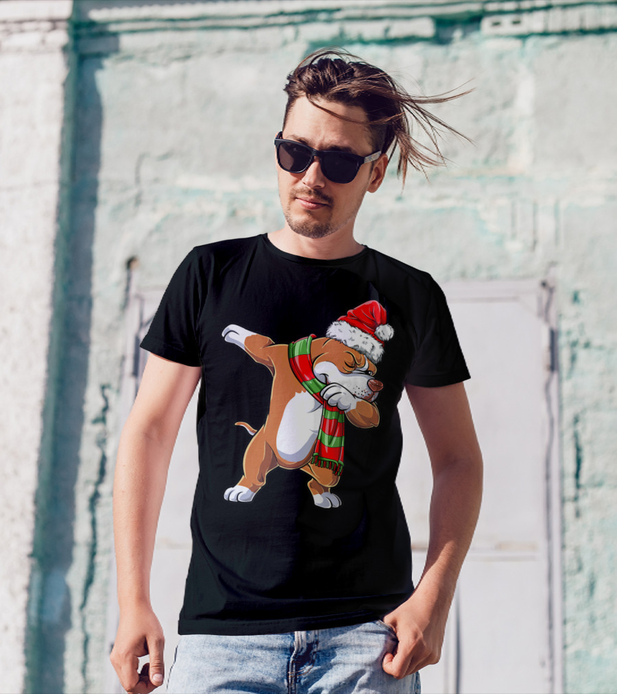 Christmas Boys Dabbing Pit Bull Santa Hat Scarf T-Shirt