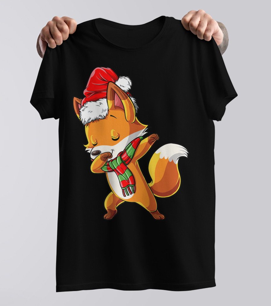 Christmas Dabbing Fox Santa Hat Scarf T-Shirt