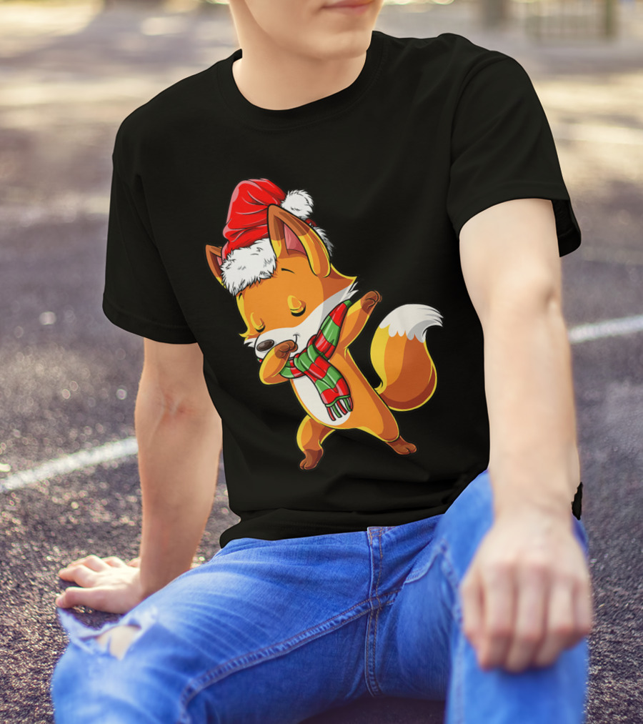 Christmas Dabbing Fox Santa Hat Scarf T-Shirt