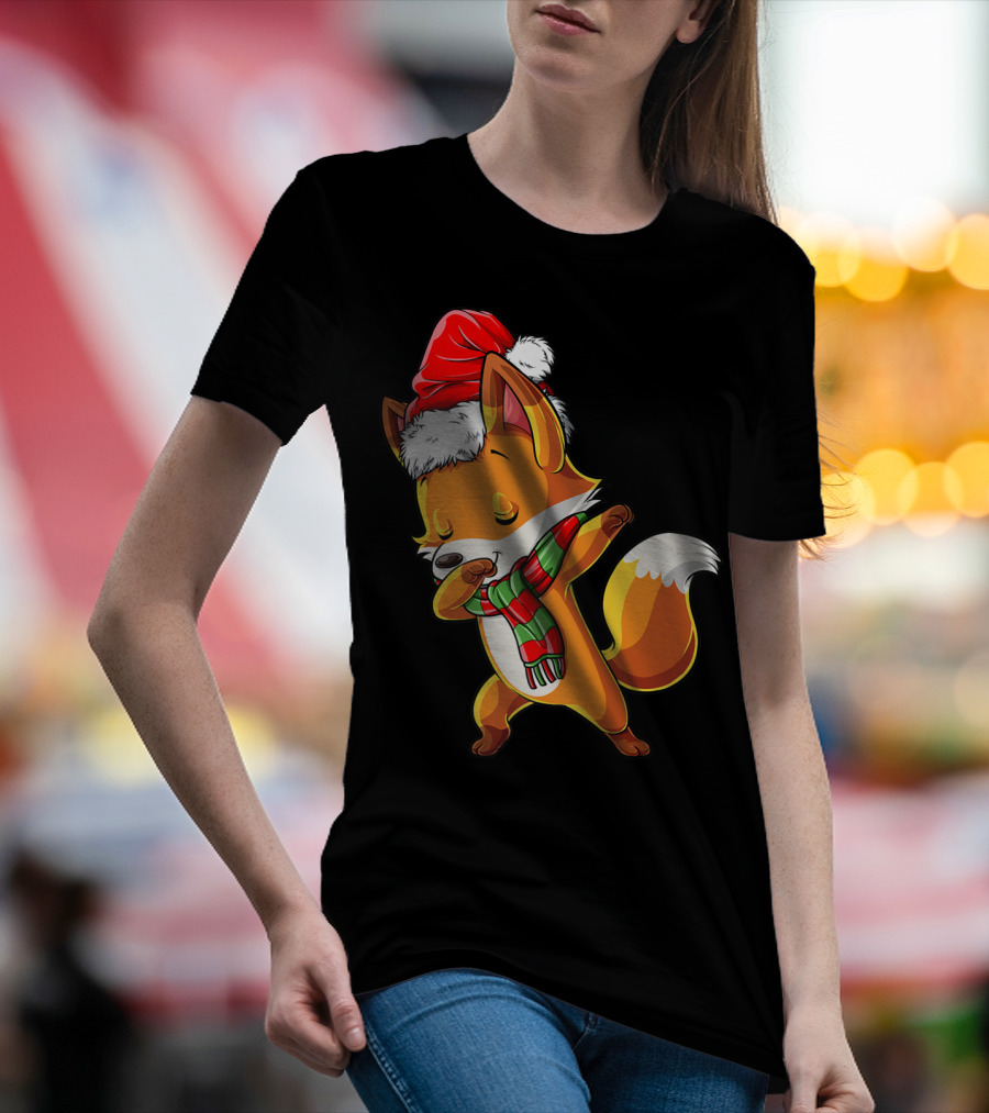 Christmas Dabbing Fox Santa Hat Scarf T-Shirt