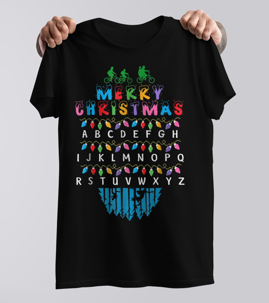 Merry Christmas Lights Alphabet Upside Down Bicycles Phrase T-Shirt