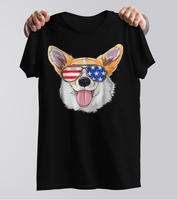Corgi With American Flag Sunglasses Celebrating 4th Of July Dog T-Shirt