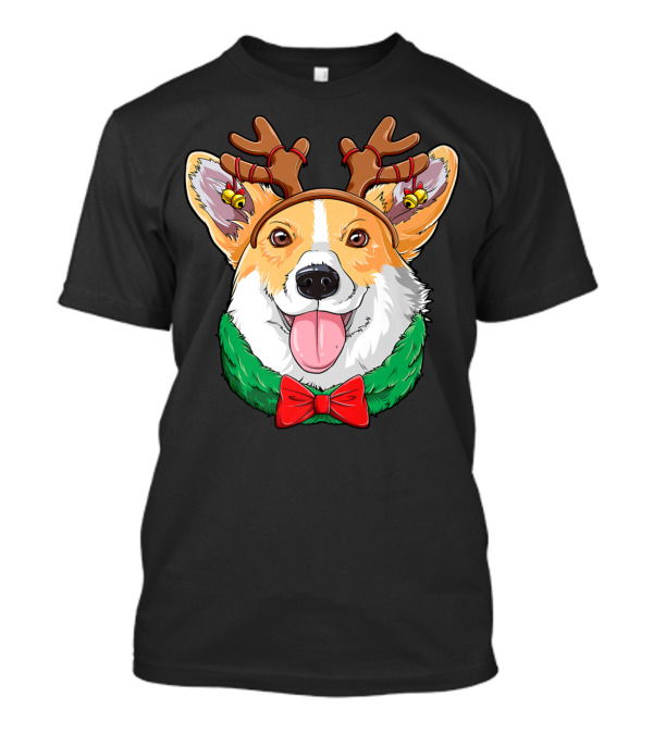 Corgi With Christmas Reindeer Antlers And Festive Bow Collar T-Shirt