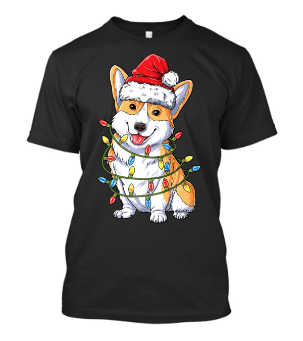Corgi Santa Hat Wrapped In Xmas Lights Christmas T-Shirt