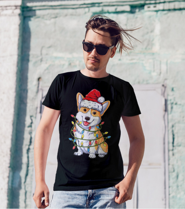 Corgi Santa Hat Wrapped In Xmas Lights Christmas T-Shirt