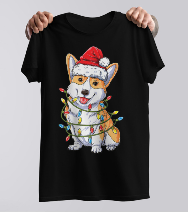 Corgi Santa Hat Wrapped In Xmas Lights Christmas T-Shirt