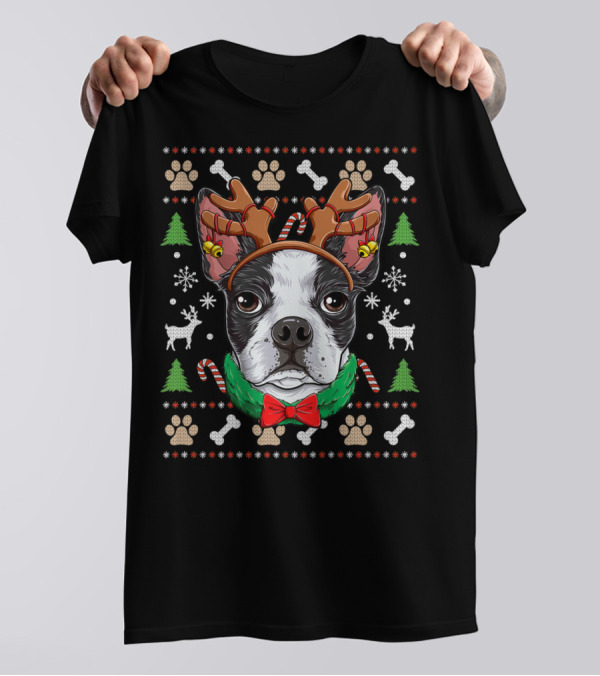 Boston Terrier Reindeer Antlers Christmas Dog With Snowflakes And Candy Canes T-Shirt