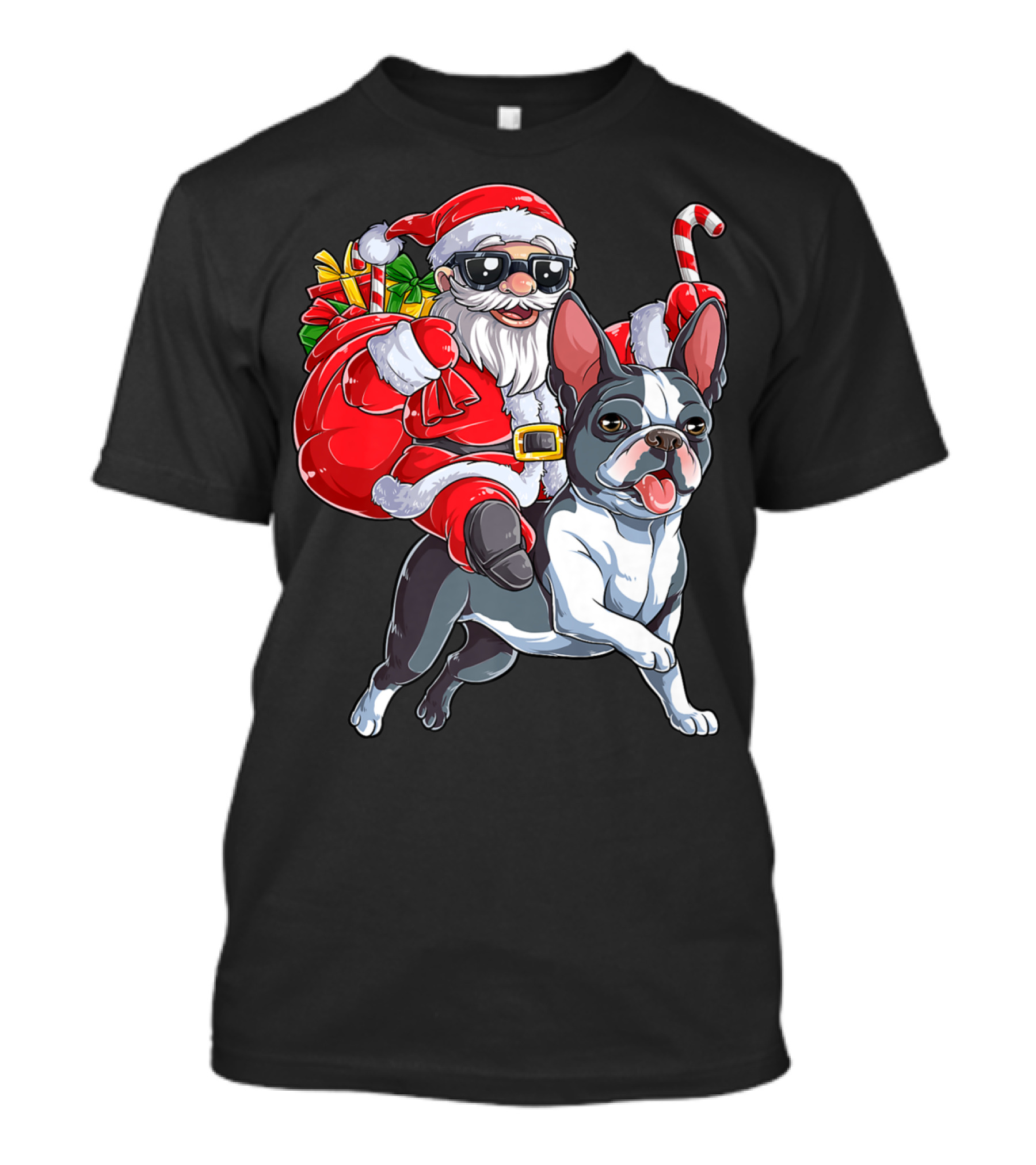 Santa Claus Riding Boston Terrier Christmas Adventure T-Shirt