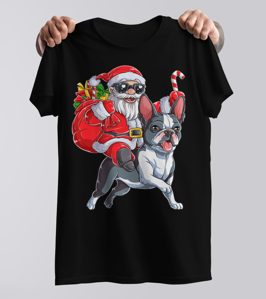 Santa Claus Riding Boston Terrier Christmas Adventure T-Shirt