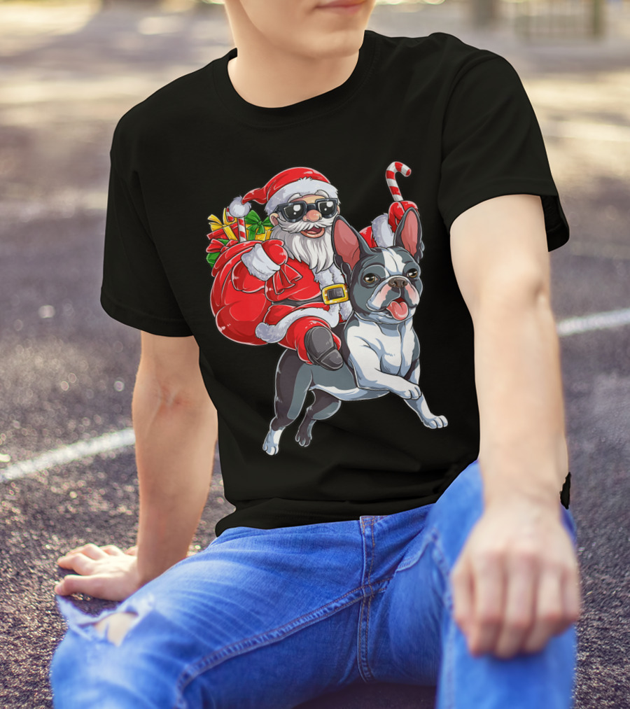 Santa Claus Riding Boston Terrier Christmas Adventure T-Shirt