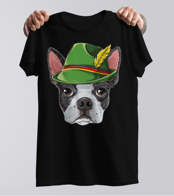 Boston Terrier Oktoberfest Lederhosen Hat With Feather T-Shirt