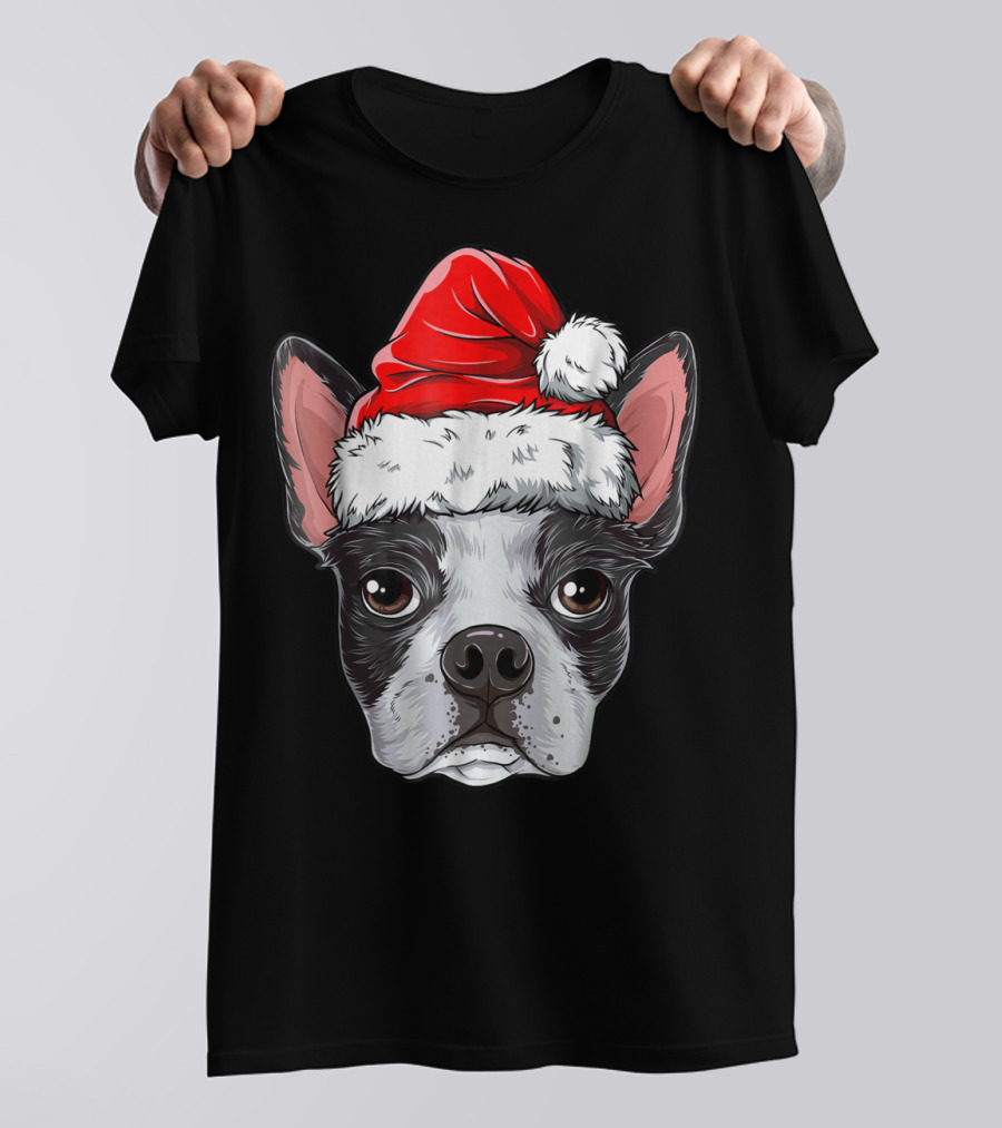 Boston Terrier Santa Hat Christmas Kids T-Shirt