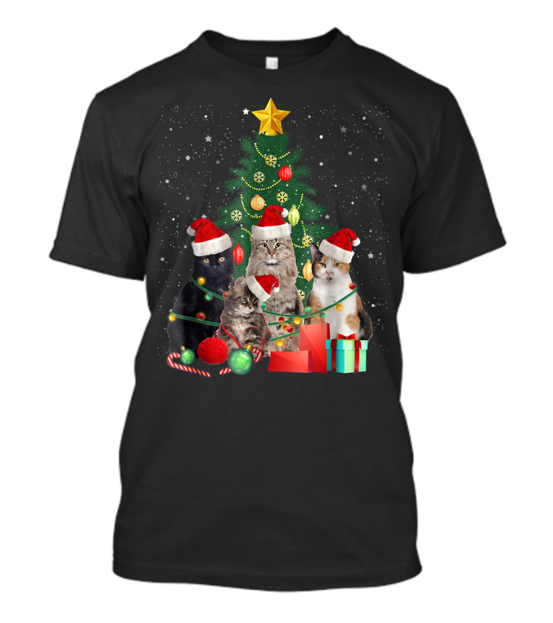 Meowy Christmas Funny Cat Tree With Santa Hats And Presents T-Shirt