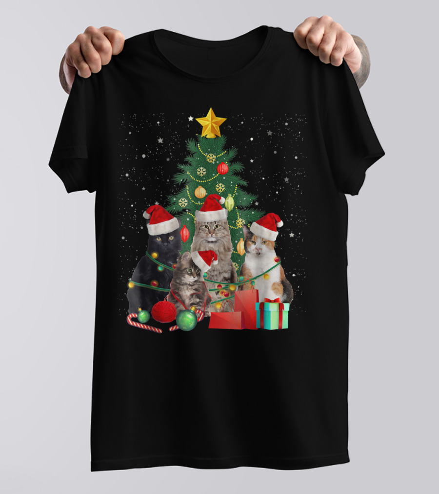 Meowy Christmas Funny Cat Tree With Santa Hats And Presents T-Shirt