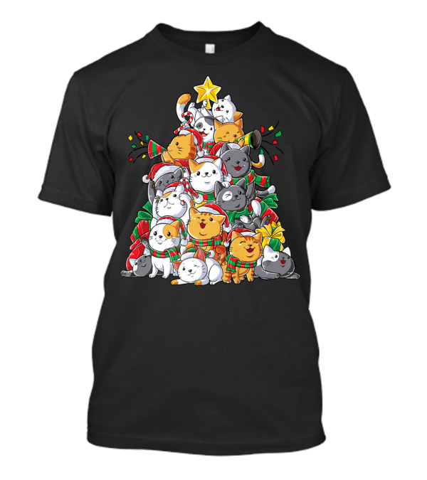 Meowy Catmas Christmas Cats Xmas Tree With Hats And Lights T-Shirt