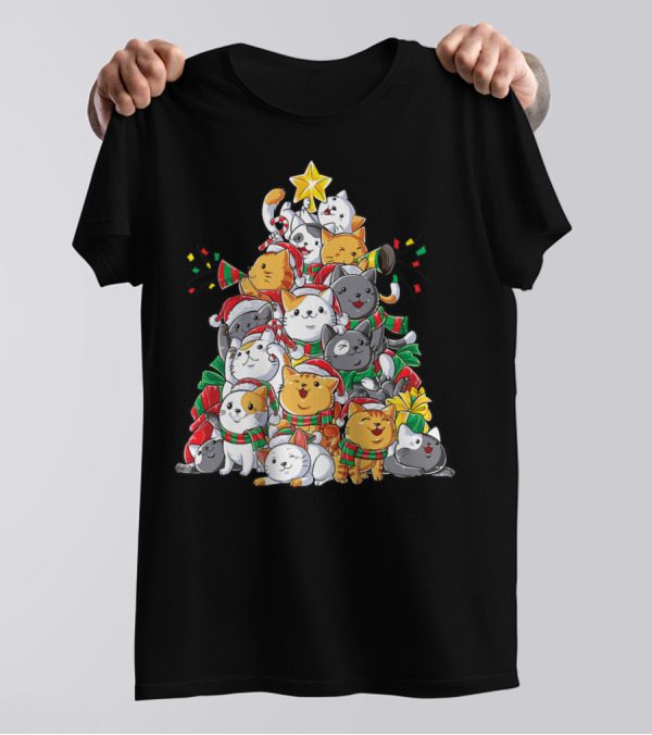Meowy Catmas Christmas Cats Xmas Tree With Hats And Lights T-Shirt