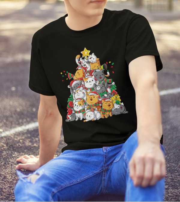 Meowy Catmas Christmas Cats Xmas Tree With Hats And Lights T-Shirt