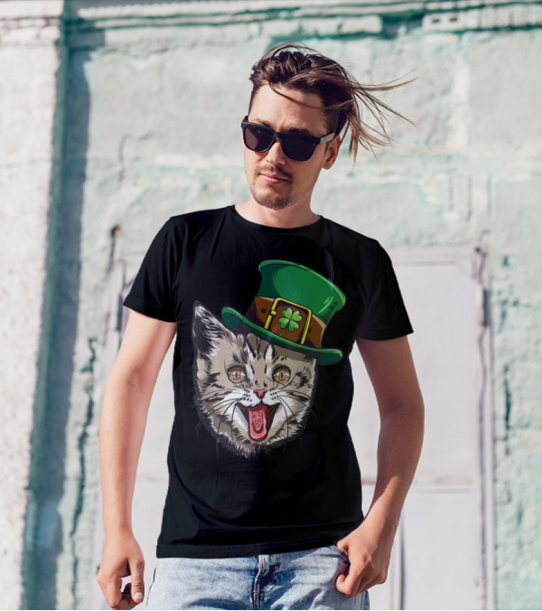 Cat Leprechaun Happy St Cattys Day Catricks Irish Kitten Charm T-Shirt