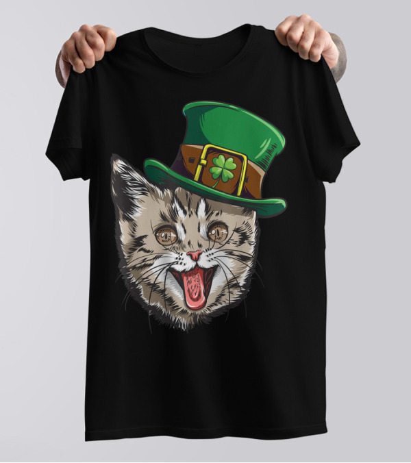 Cat Leprechaun Happy St Cattys Day Catricks Irish Kitten Charm T-Shirt