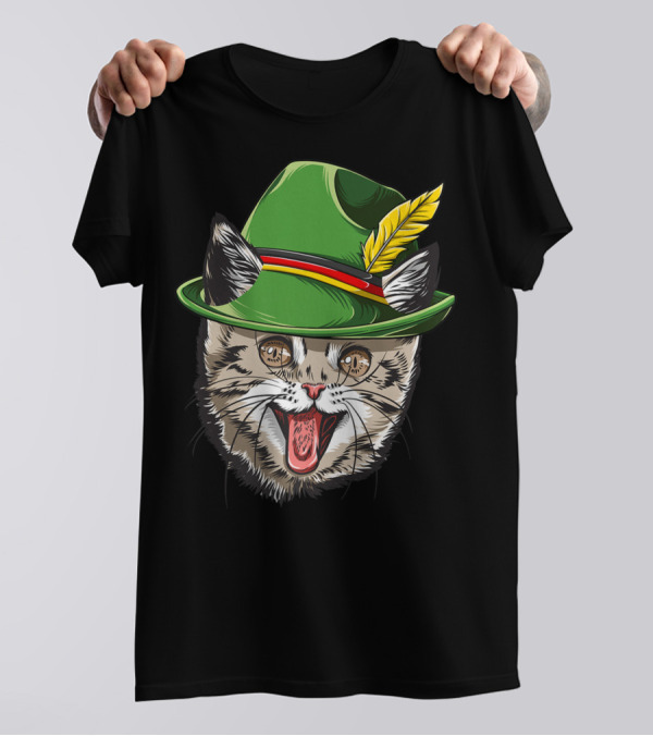 Cat Oktoberfest Green Hat Feather Bavaria T-Shirt