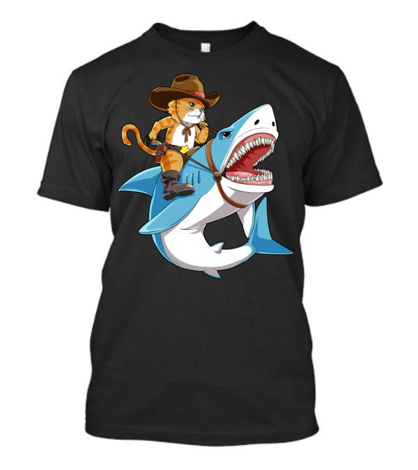 Cat Riding Shark Cowboy Kitty Funny Kids Women T-Shirt