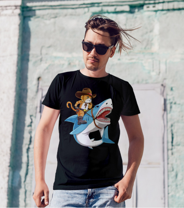 Cat Riding Shark Cowboy Kitty Funny Kids Women T-Shirt