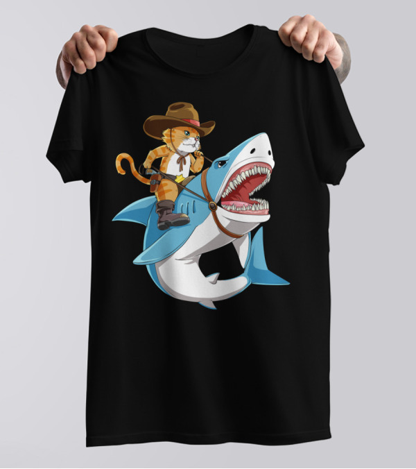 Cat Riding Shark Cowboy Kitty Funny Kids Women T-Shirt