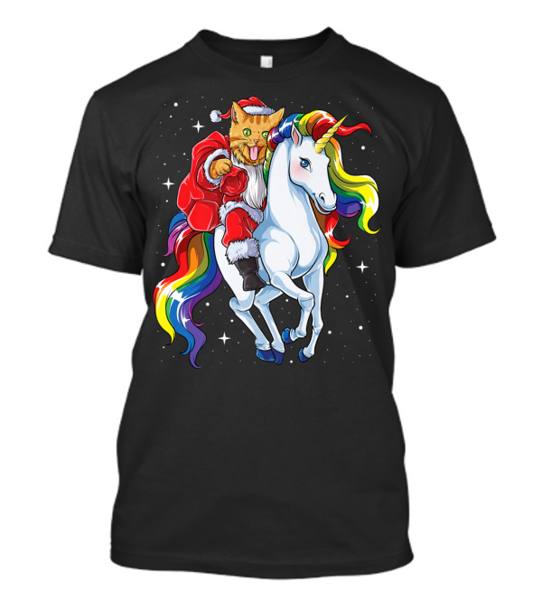 Santa Cat Riding A Rainbow Unicorn T-Shirt