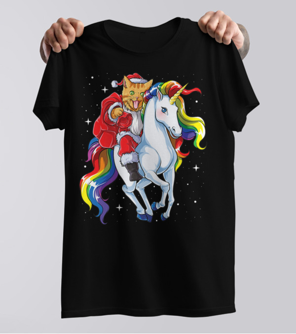 Santa Cat Riding A Rainbow Unicorn T-Shirt