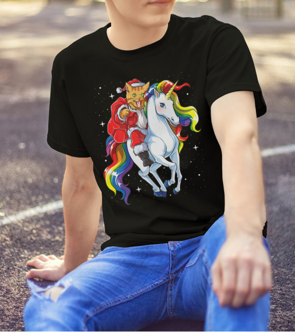 Santa Cat Riding A Rainbow Unicorn T-Shirt
