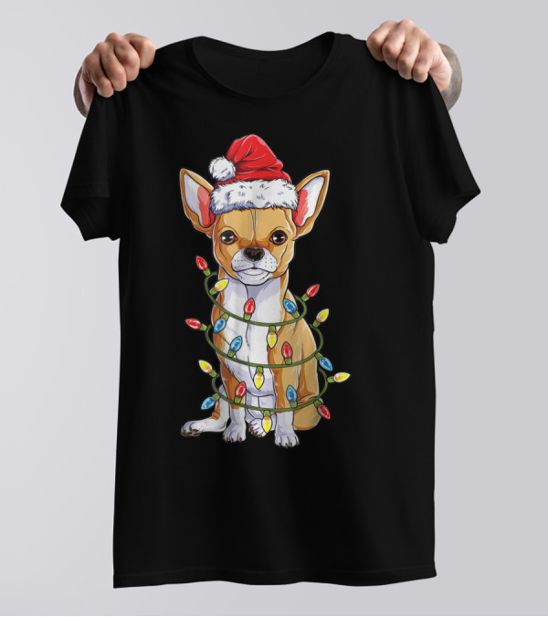 Chihuahua With Santa Hat And Christmas Tree Lights T-Shirt