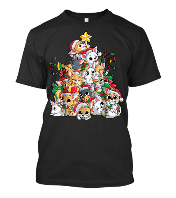 Chihuahua Christmas Tree With Santa Hats And Gifts T-Shirt