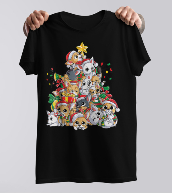 Chihuahua Christmas Tree With Santa Hats And Gifts T-Shirt