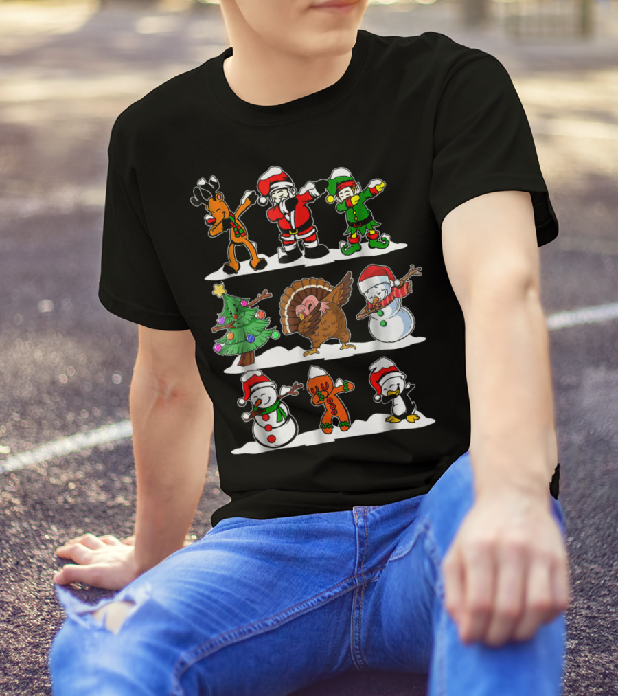 Christmas Dabbing Santa Elves Reindeer Snowmen Turkey Penguin Gingerbread Tree T-Shirt