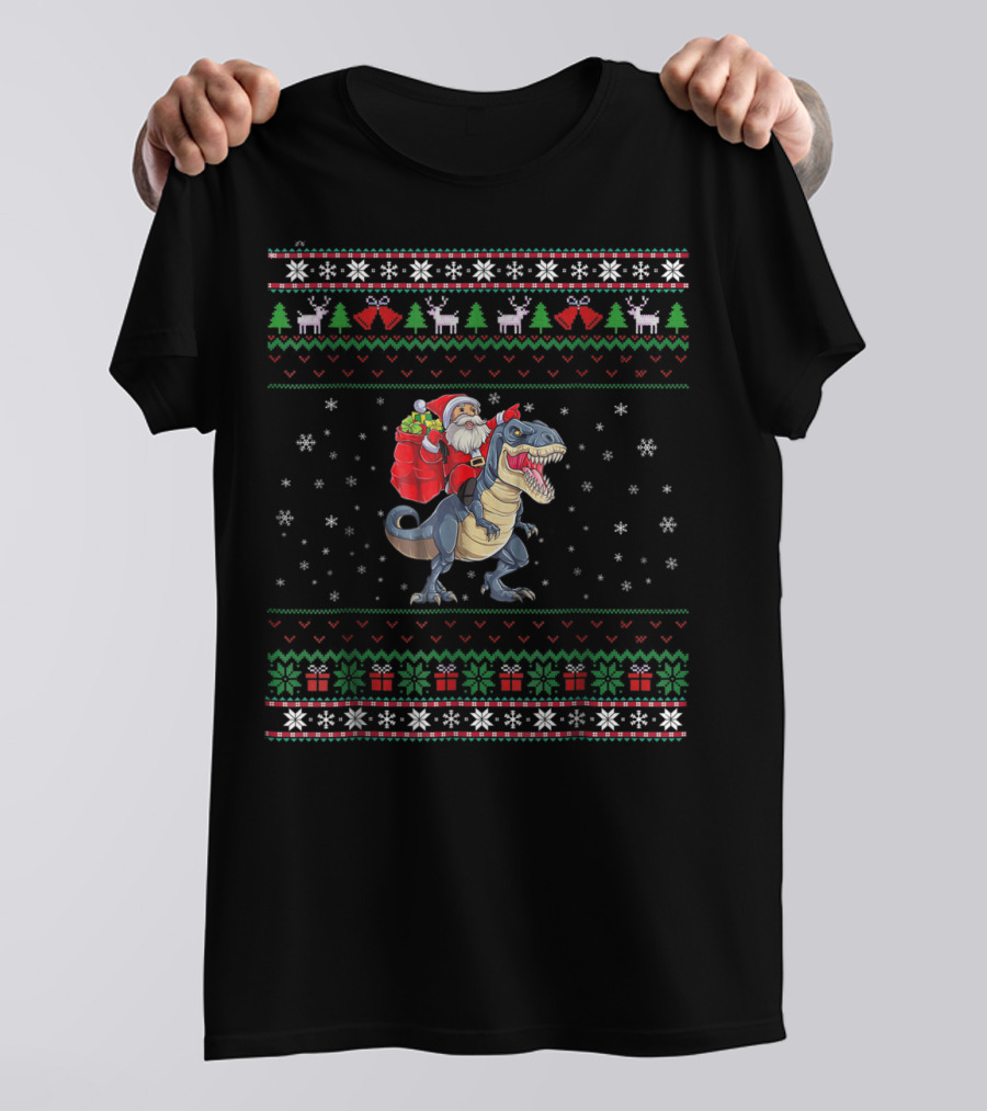 Christmas Kids Santa Riding Dinosaur Rex With Snowflakes And Festive T-Shirt