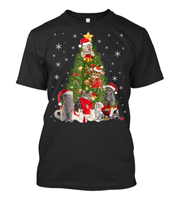 Christmas Cats In Santa Hats Holiday Tree T-Shirt
