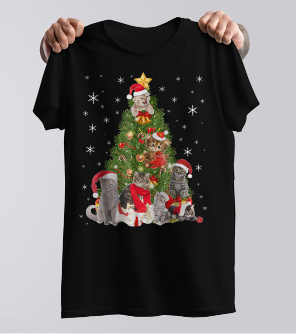 Christmas Cats In Santa Hats Holiday Tree T-Shirt