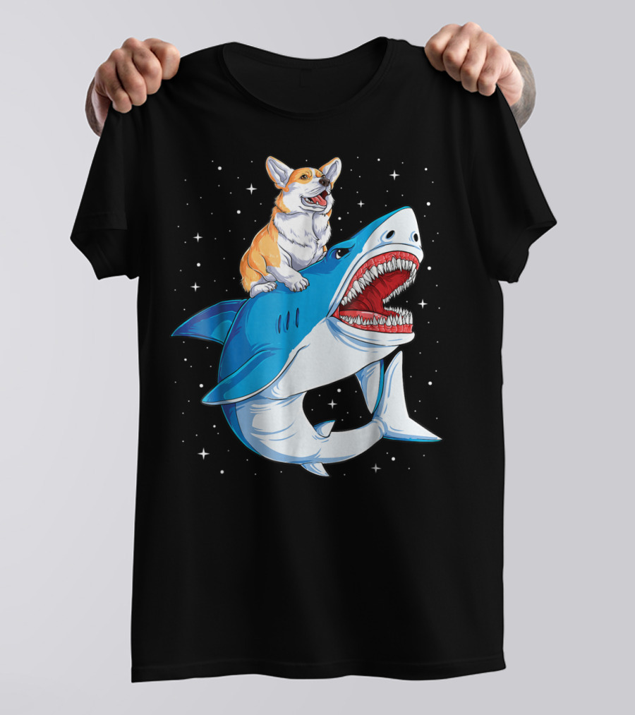 Corgi Riding Shark In Space Galaxy Jawsome T-Shirt
