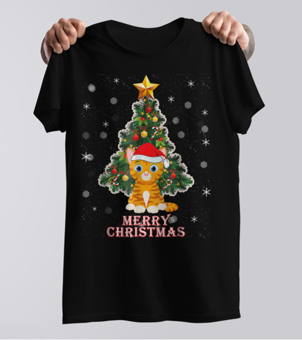 Merry Christmas Cat In Santa Hat With Holiday Tree And Snowflakes T-Shirt