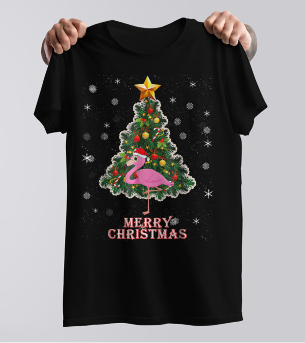 Merry Christmas Flamingo Xmas Tree T-Shirt