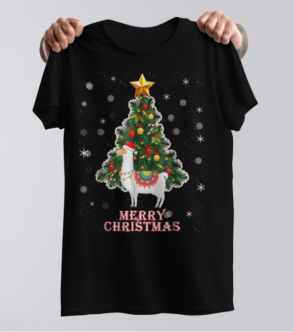 Merry Christmas Llama With Festive Tree And Star T-Shirt