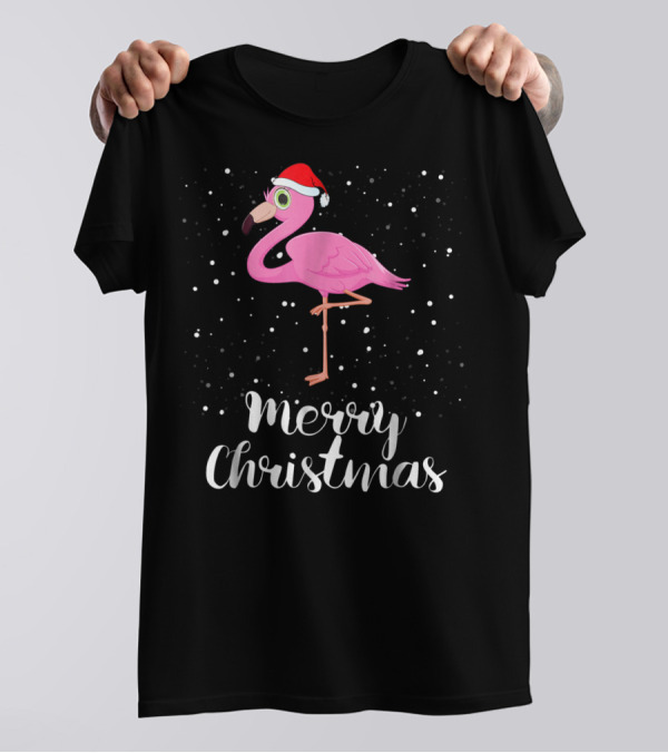 Merry Christmas Flamingo Santa Hat Family Matching Group T-Shirt