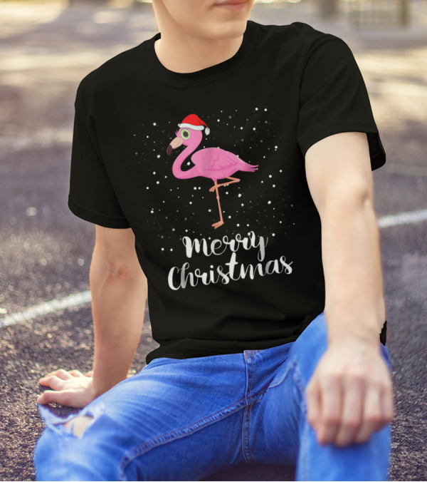 Merry Christmas Flamingo Santa Hat Family Matching Group T-Shirt